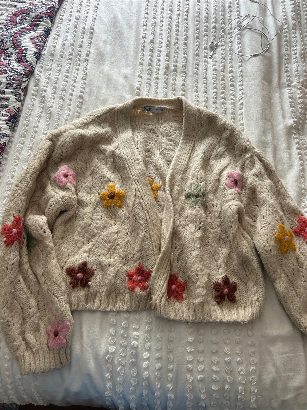Zara Cream Cable-Knit Cardigan with Multicolor Floral Appliqués